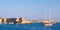 Rhodes, Mandraki harbour, view of the fortifications of the Old Town of Rhodes