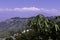 Rhododendron tree and snowcapped himalaya kangchenjunga or sleeping buddha range, scenic birds eye view of darjeeling