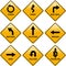 Rhombic yellow road signs with arrows