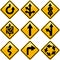 Rhombic yellow road signs with arrows directions