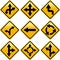 Rhombic yellow road signs with arrows directions