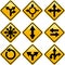 Rhombic yellow road signs with arrows directions