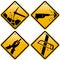 Rhombic yellow road signs with tools