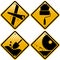 Rhombic yellow road signs with tools