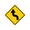 Rhomboid traffic signal in yellow and black, isolated on white background. Warning of reverse turn starting with left turn