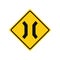 Rhomboid traffic signal in yellow and black, isolated on white background. Warning of road narrowing