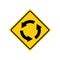 Rhomboid traffic signal in yellow and black, isolated on white background. Warning of roundabout ahead