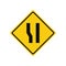 Rhomboid traffic signal in yellow and black, isolated on white background. Warning of wide road ahead on left side