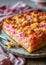 Rhubarb Crumble Cake on Plate. Spring sweet homemade baking