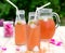 Rhubarb hibiscus iced tea with rose petals in the garden