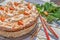 Rhubarb pie with meringue and almonds