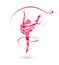 Rhythmic gymnastics girl with ribbon of pink rose petals