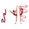 Rhythmic gymnasts in leotards, vertical leg split, exercising with ribbon