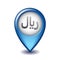 Rial symbol on Mapping Marker vector icon.