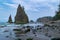 Rialto Beachâ€™s rocky shore adorned by driftwood and sea stacks