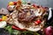 Rib eye steak on cooking paper, parchment with vegetables border on dark background