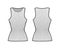 Ribbed cotton-jersey tank technical fashion illustration with slim fit, elongated hem, crew neckline. Flat outwear top