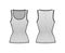 Ribbed cotton-jersey tank technical fashion illustration with wide scoop neck, close fit knit, tunic length camisole