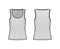 Ribbed cotton-jersey tank technical fashion illustration with wide scoop neck, relax fit knit, tunic length camisole