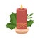 Ribbed wax candle on candlestick with leaf. Modern eco decoration. Decorative glowing candlelight taper with flame. Cosy