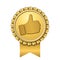 Ribbon award up thumb gold icon. Gesture success hand golden medal. Best choice, best seller, label control quality