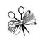 Ribbon bow is tied together folded wiht textile, material, needle, thread, scissors, button