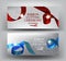 Ribbon cutting ceremony invitation banners with curly red and blue with print ribbons.