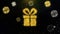 Ribbon gift box present icon on gold particles fireworks display.