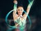 Ribbon gymnastics, woman and portrait in motion blur of dancing, talent show and competition in dark arena. Happy female