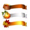 Ribbon with Orange pumpkins, Autumnal leaves and basket full ripe apples