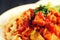 Ribbon pasta with Vegetables and Arrabiata sauce.