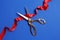 Ribbon and scissors on color background. Ceremonial red tape cutting