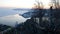 Ribbons for good luck tied on the observation platform of the Chersky stone in Listvyanka. View of Angara river and Baikal. Sunset