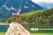 Ribcev Laz, Slovenia - July 04, 2017: Bronze statue of Goldhorn Zlatorog deer next to the Bohinj Lake in Triglav