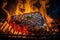 Ribeye steak on a flaming grill. Close-up of a juicy seared piece of meat lying on a grill. In the background the flames of fire.