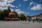 Ribnitz-Damgarten, Germany  22 June 2021, The Ribnitz-Damgarten market square with the Protestant St. Mary`s Church