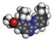 Ribociclib cancer drug molecule (CDK4/6 inhibitor). 3D rendering. Atoms are represented as spheres with conventional color coding