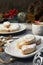 Ricciarelli, gluten free almond cookies. Italian traditional Christmas cookies and coffee. New year decoration