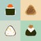 Rice balls. Japanese cuisine. Four onigiri types.