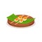 Rice balls topped with sweet sauce on green leaf. Asian dessert on wooden sticks. Food theme. Flat vector design