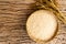 Rice in bamboo basket on rustic wood background,Rice of famer in Thailand