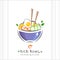 Rice bowl with shrimps, egg and cucumber. Healthy food design template. Illustration with chopstick and poke bowl