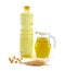 Rice bran oil in bottle glass with rice and soy