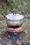 Rice cooking pot on hot stove