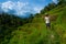 Rice farmer stands on a terraced rice field holding woven baskets