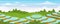 Rice field landscape vector illustration, cartoon flat rural farmland scenery with green paddy rice terraces with water