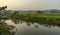 Rice fields scene with a river nearby nexto to Sawarna village in Banten. Early morning sunrise with haze in distance