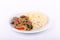 Rice and Fried beef with oyster sauce on white dish, isolated