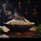 Rice with mushrooms and herbs on the table in close-up.