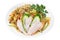 Rice noodles with smoked fried chicken and pieces of fresh cucumber. Dish isolated.